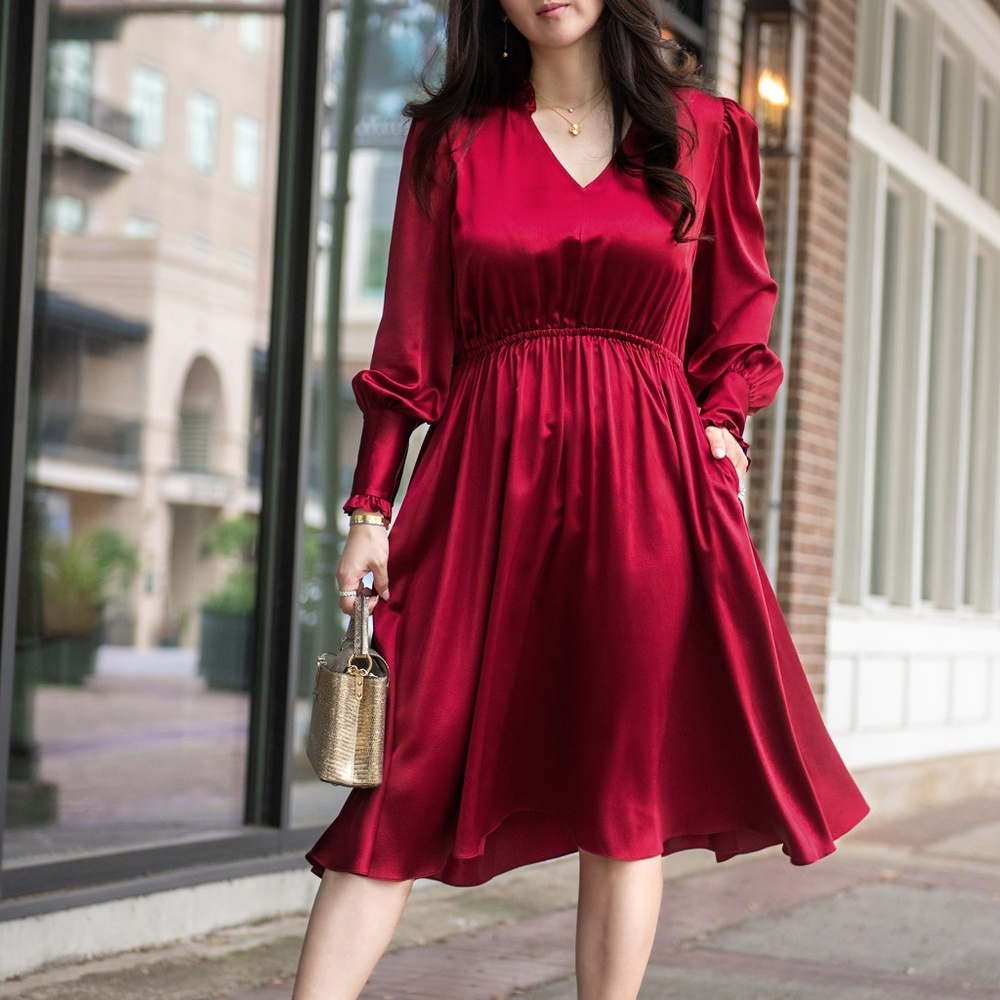 Beautiful V-neck Burgundy Silk Dress - Picture 3 of 5